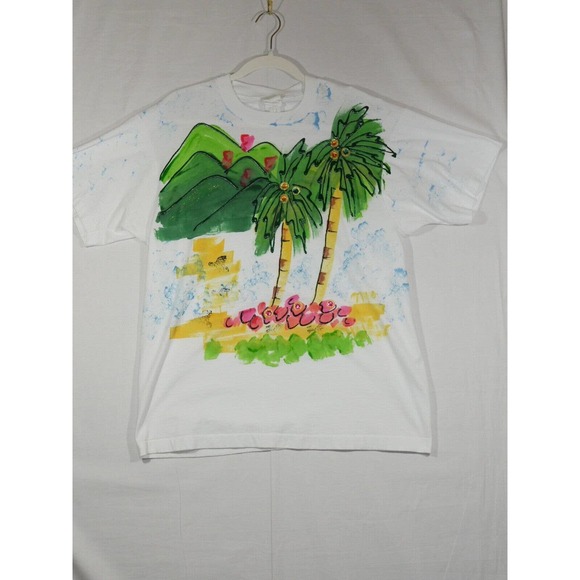 Vintage Puff Paint White T-shirt Palm Trees Faded Tag One Size Fits Large - Picture 1 of 9